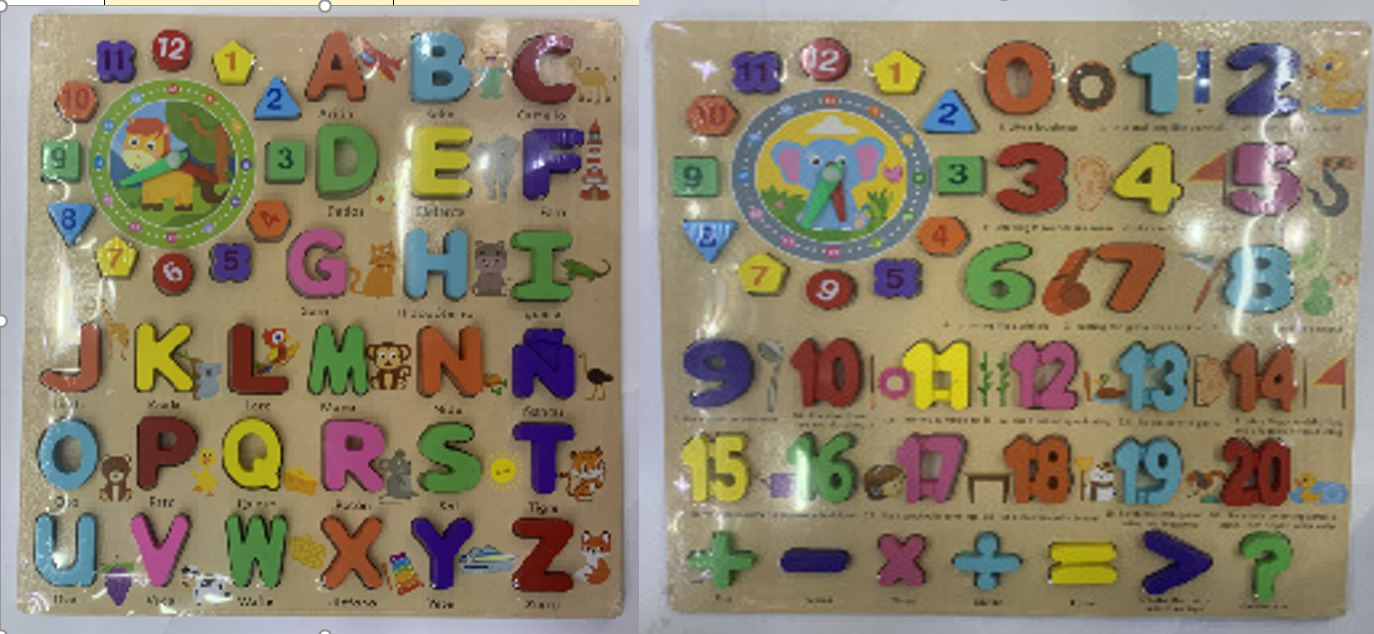 009044 Set cifre/alfabet cu ceas din lemn